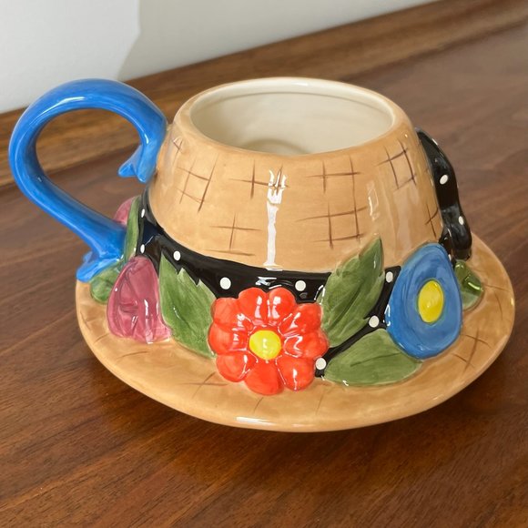 Mary Engelbreit Straw Hat Figural Mug by Charpente 1995 Polka Dot Bow & Flowers - Picture 5 of 9